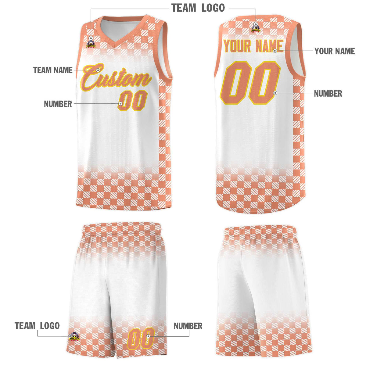 Custom White Light Orange Classic Plaid Pattern Sports Uniform Basketball Jersey