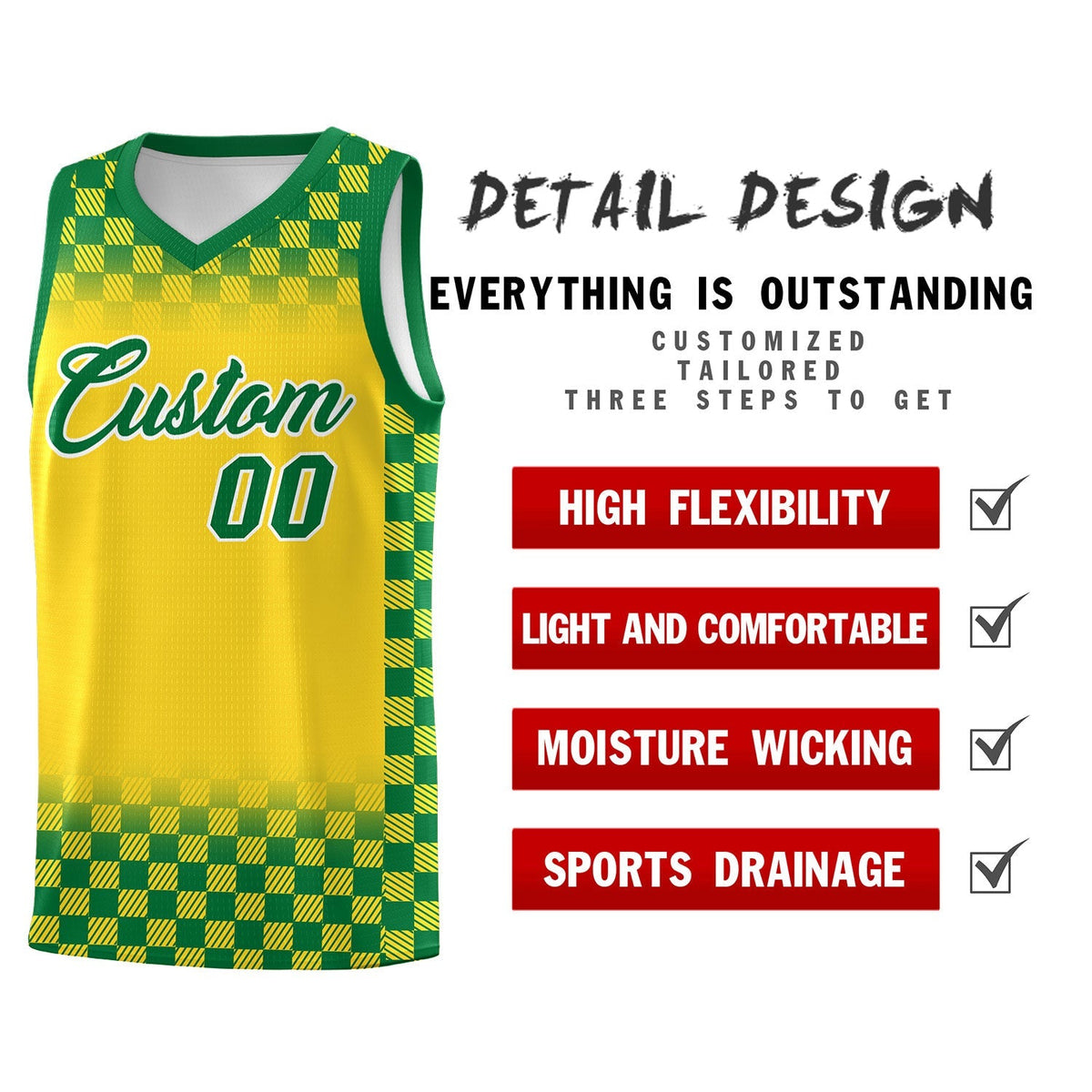 Custom Gold Kelly Green Classic Plaid Pattern Sports Uniform Basketball Jersey