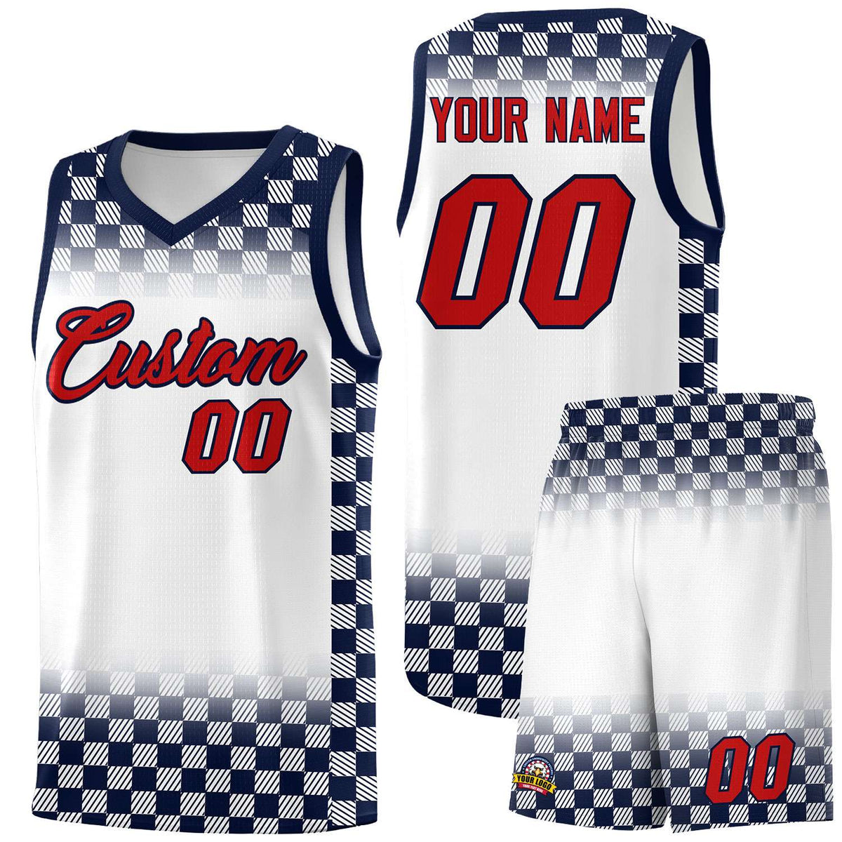 Custom White Navy Classic Plaid Pattern Sports Uniform Basketball Jersey