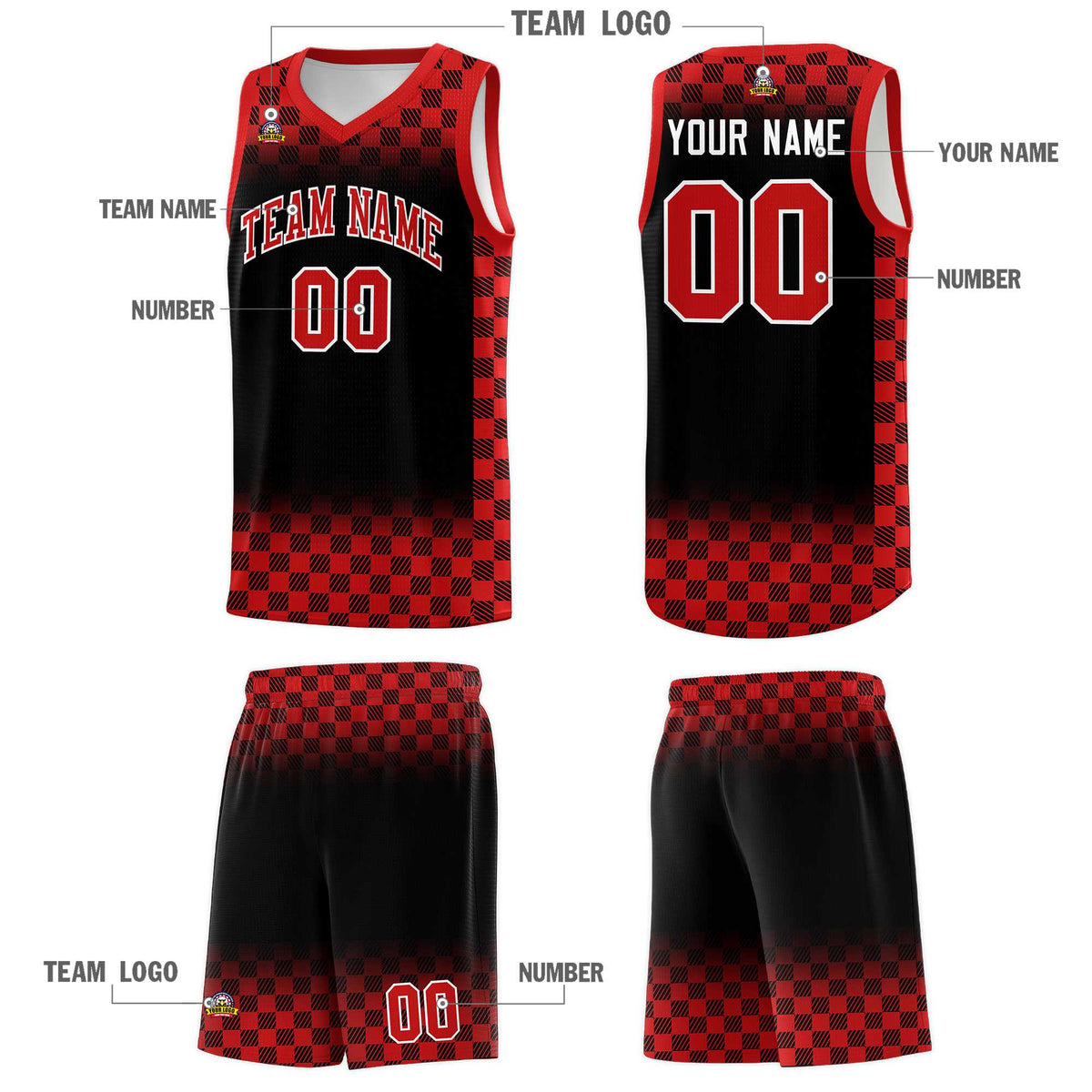 Custom Black Red Classic Plaid Pattern Sports Uniform Basketball Jersey