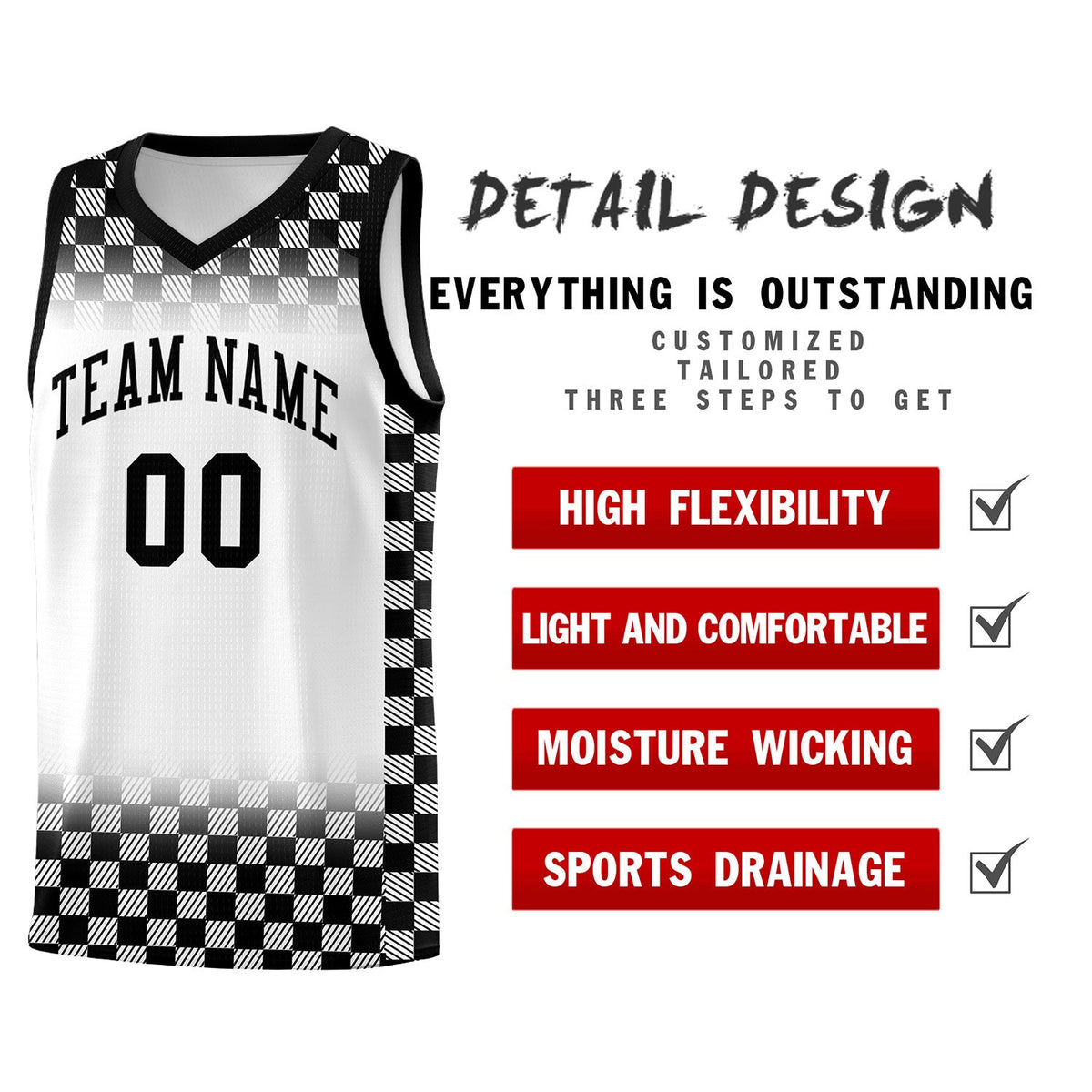 Custom White Black Classic Plaid Pattern Sports Uniform Basketball Jersey