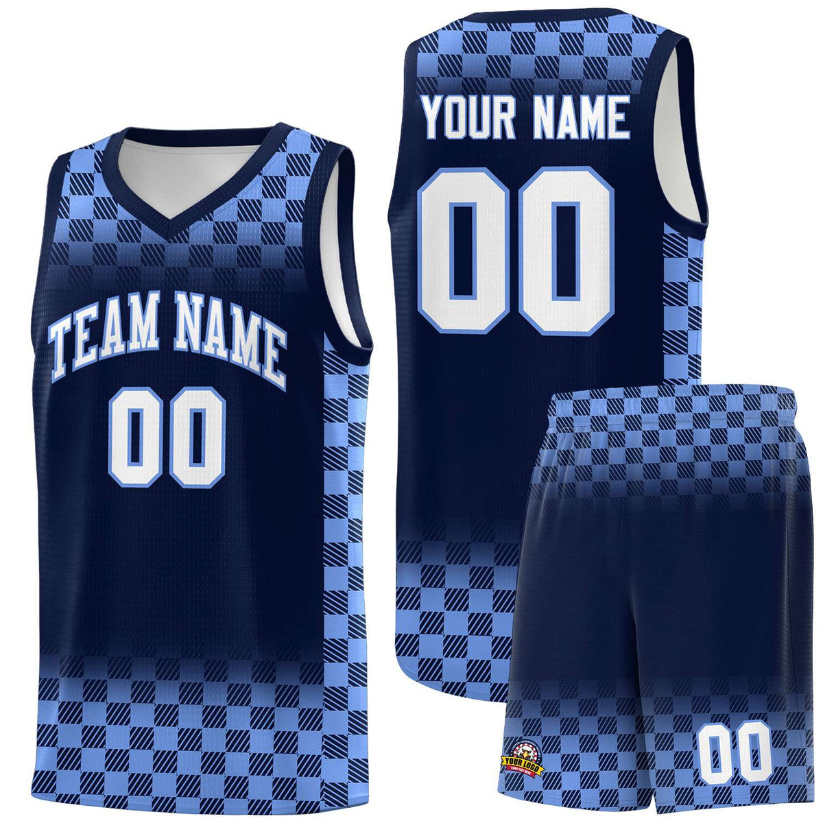 Custom Navy Light Blue Classic Plaid Pattern Sports Uniform Basketball Jersey