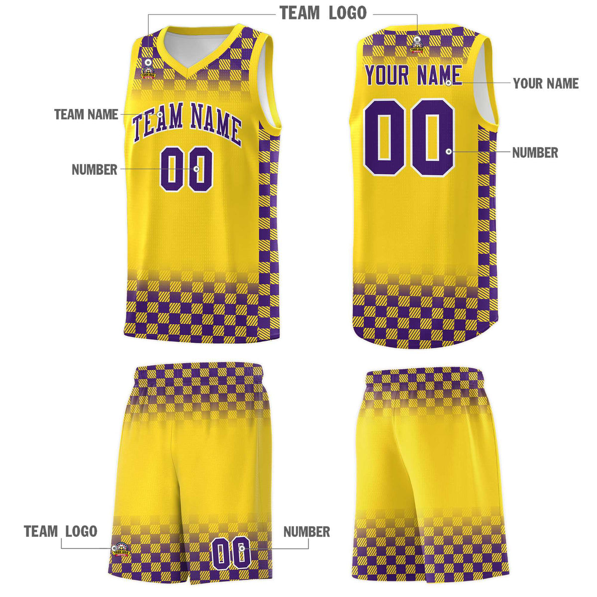 Custom Gold Purple Classic Plaid Pattern Sports Uniform Basketball Jersey