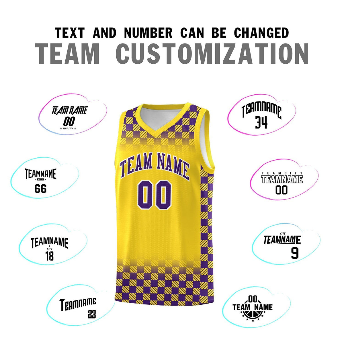 Custom Gold Purple Classic Plaid Pattern Sports Uniform Basketball Jersey