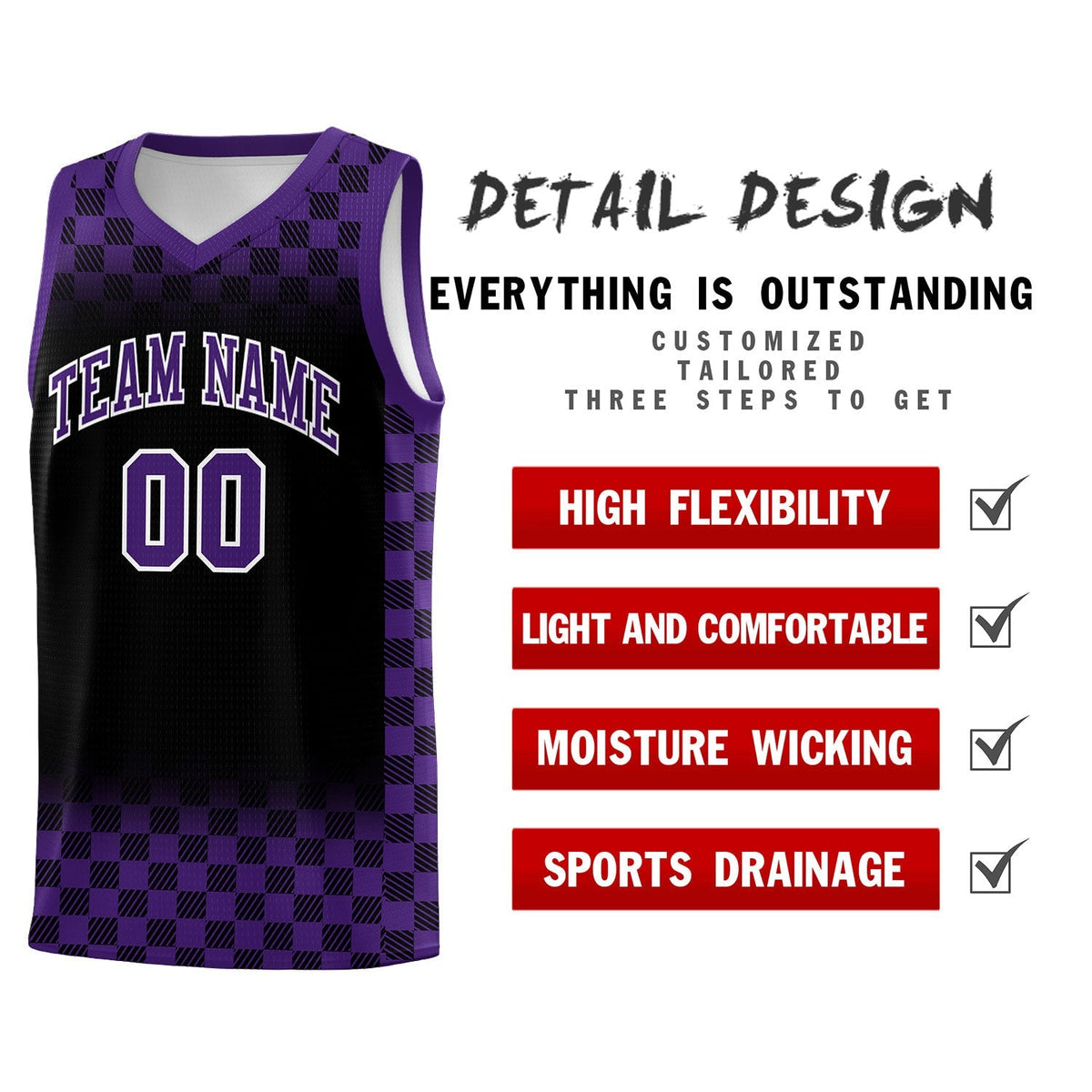 Custom Black Purple Classic Plaid Pattern Sports Uniform Basketball Jersey
