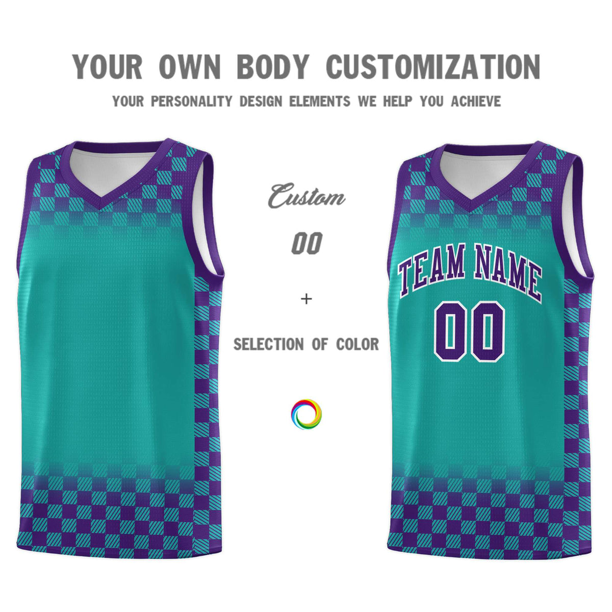 Custom Aqua Purple Classic Plaid Pattern Sports Uniform Basketball Jersey