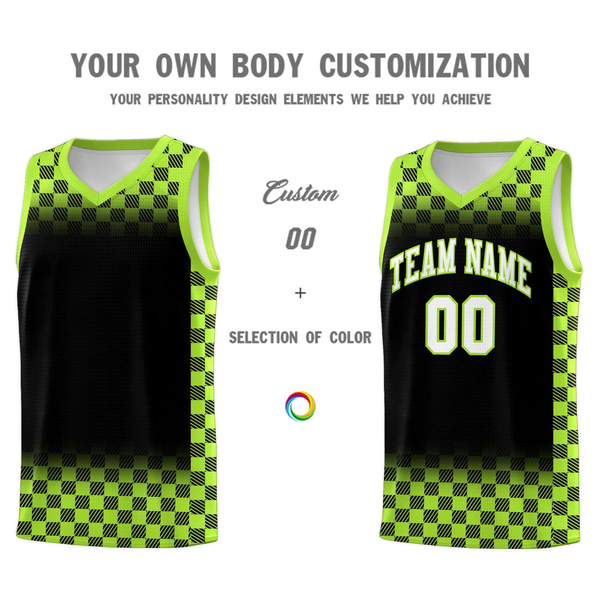 Custom Black Neon Green Classic Plaid Pattern Sports Uniform Basketball Jersey