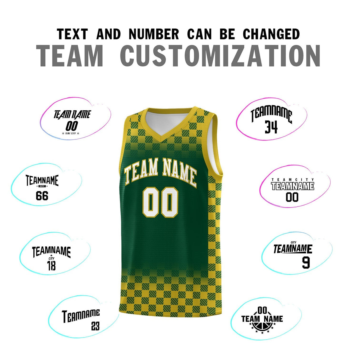 Custom Green Old Gold Classic Plaid Pattern Sports Uniform Basketball Jersey