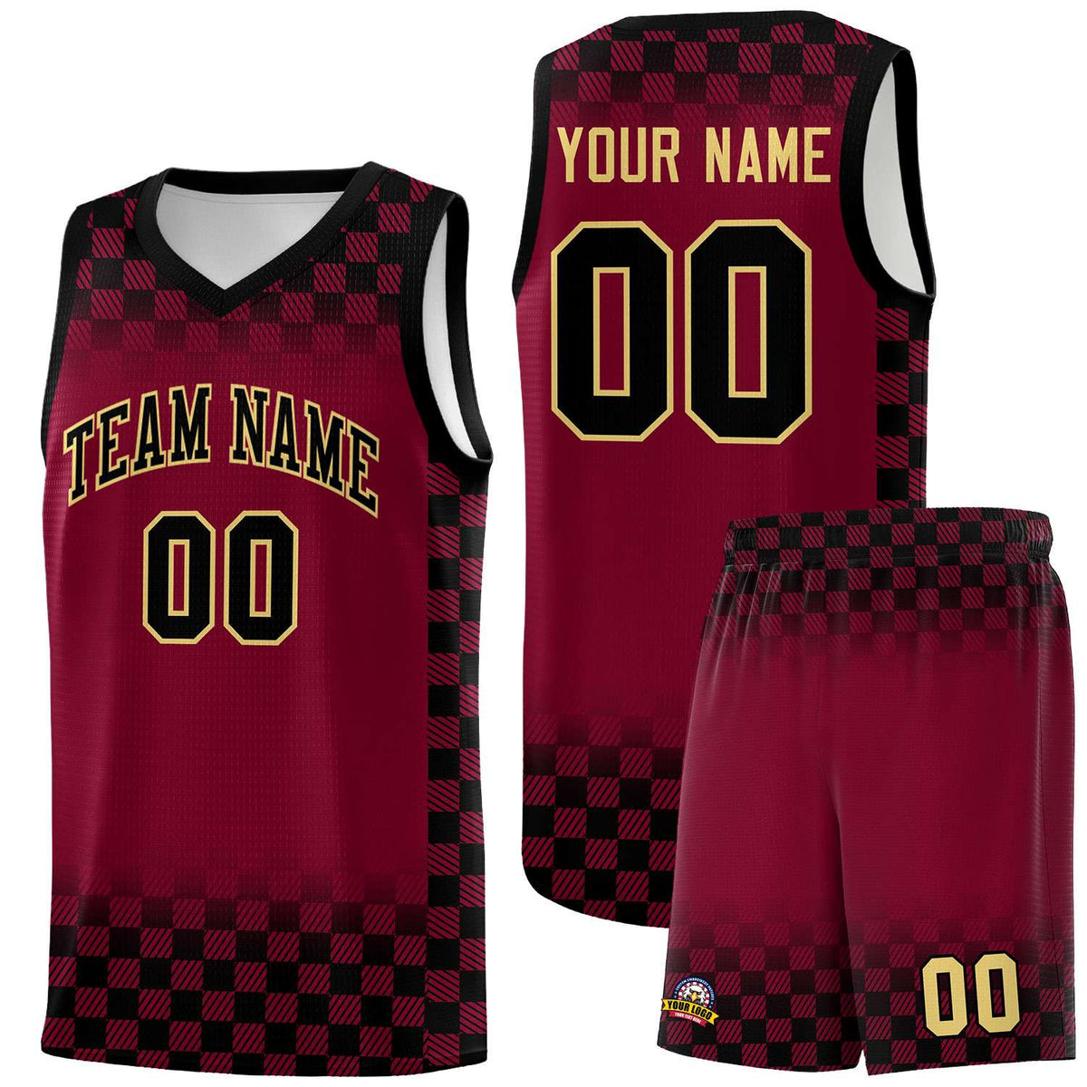 Custom Crimson Black Classic Plaid Pattern Sports Uniform Basketball Jersey