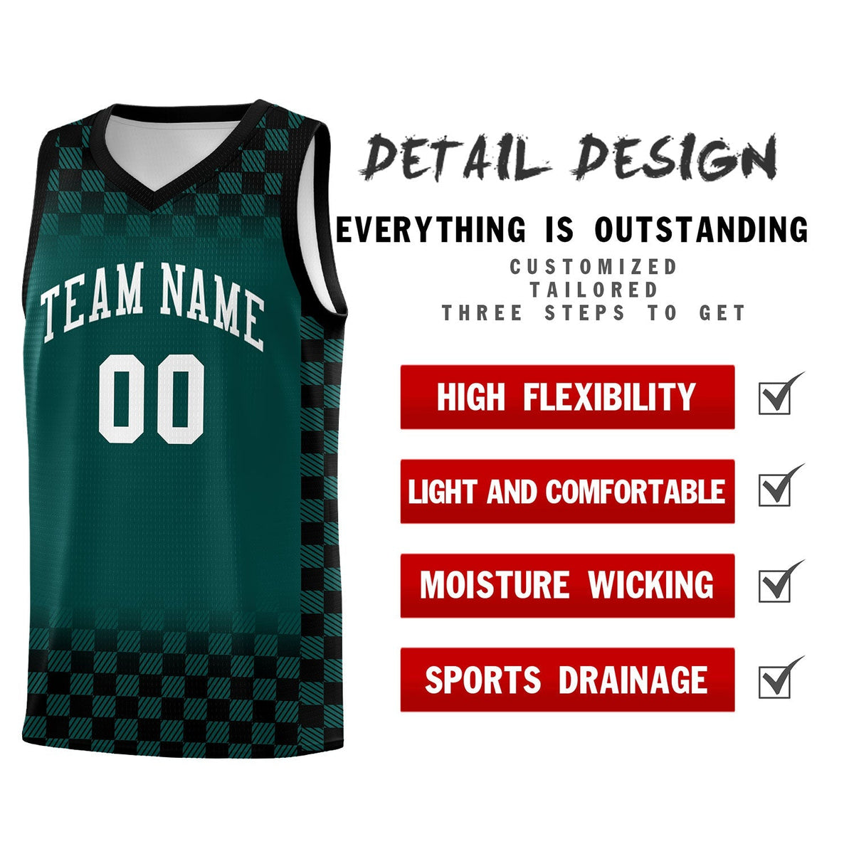 Custom Midnight Green Black Classic Plaid Pattern Sports Uniform Basketball Jersey