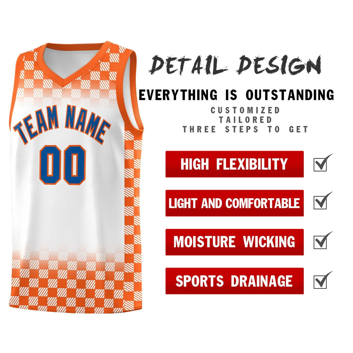 Custom White Orange Classic Plaid Pattern Sports Uniform Basketball Jersey