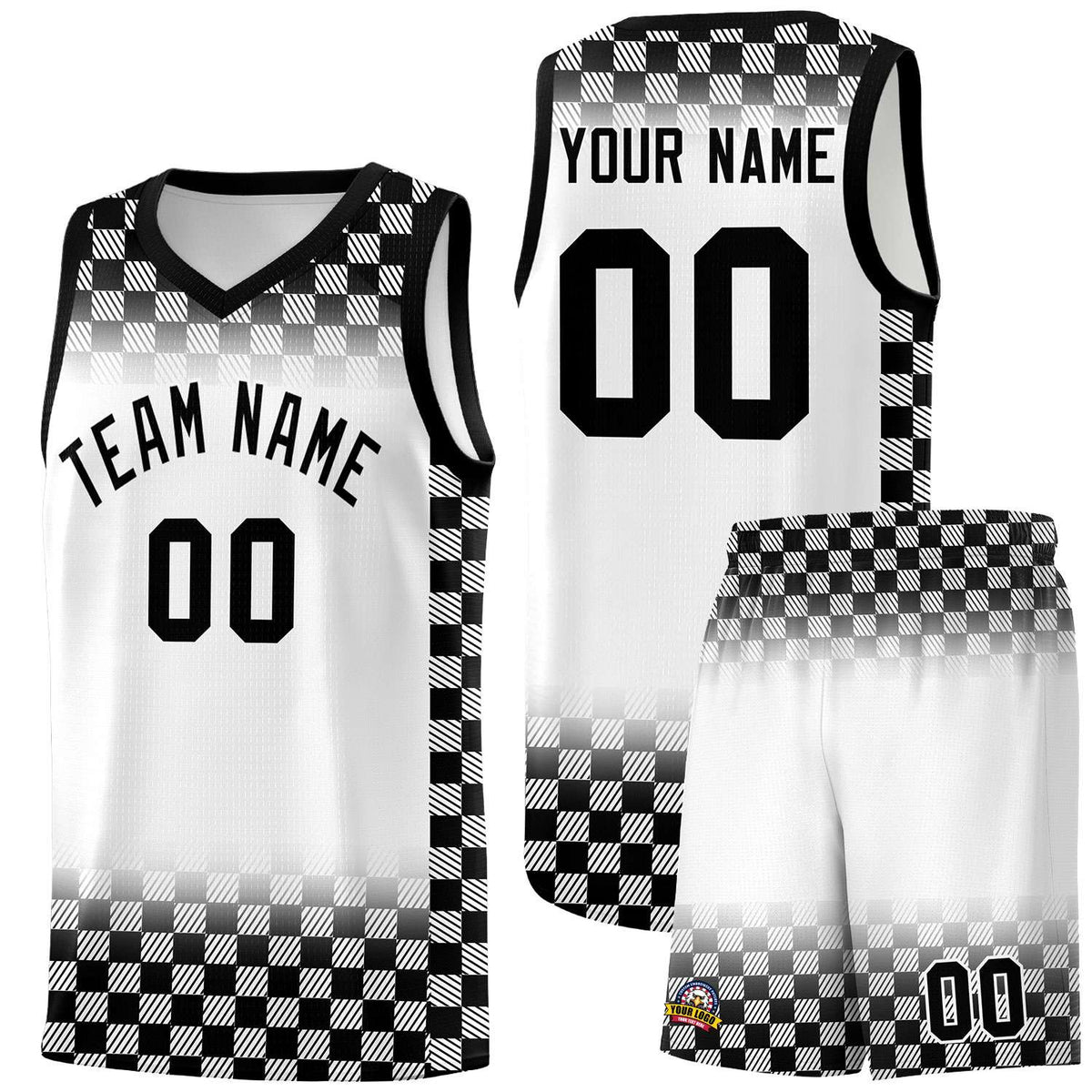 Custom White Black Classic Plaid Pattern Sports Uniform Basketball Jersey