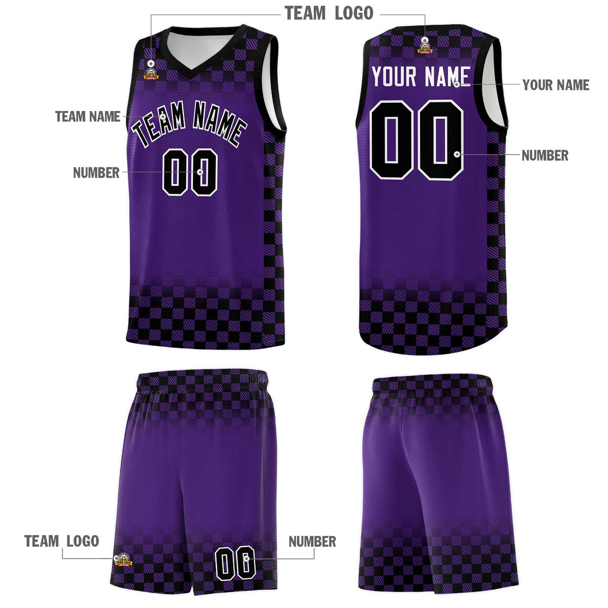 Custom Purple Black Classic Plaid Pattern Sports Uniform Basketball Jersey