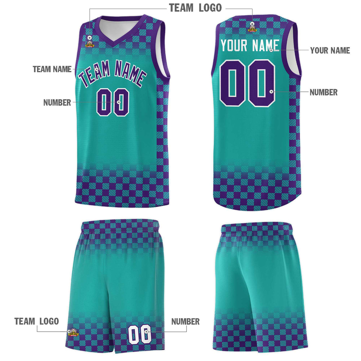Custom Aqua Purple Classic Plaid Pattern Sports Uniform Basketball Jersey