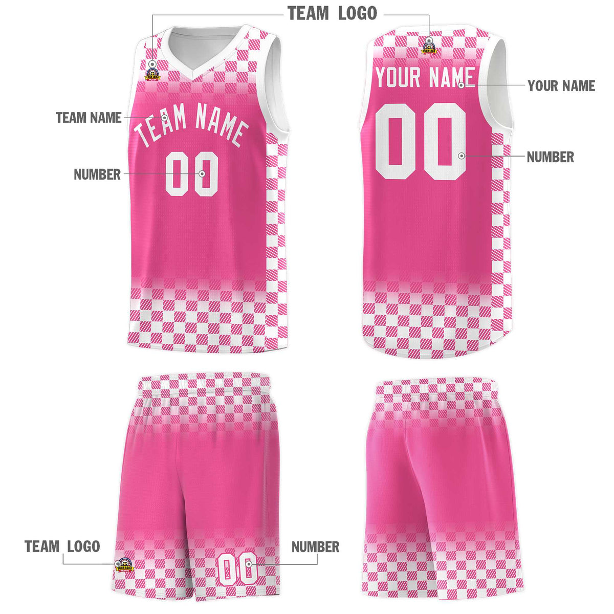Custom Pink White Classic Plaid Pattern Sports Uniform Basketball Jersey