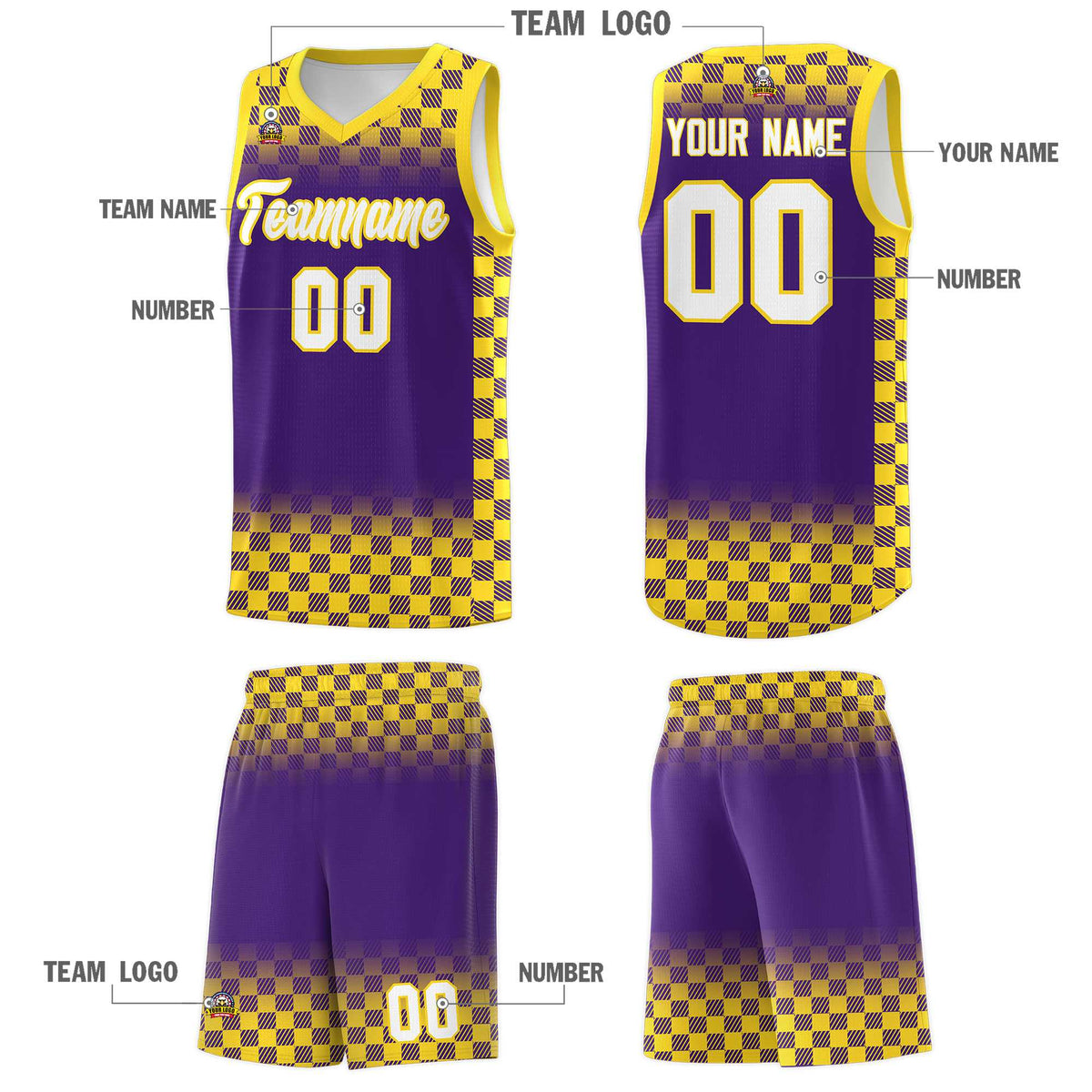 Custom Purple Gold Classic Plaid Pattern Sports Uniform Basketball Jersey