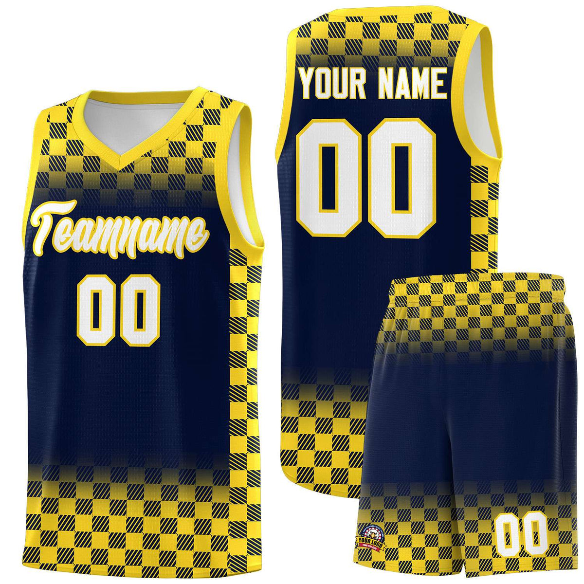 Custom Navy Gold Classic Plaid Pattern Sports Uniform Basketball Jersey