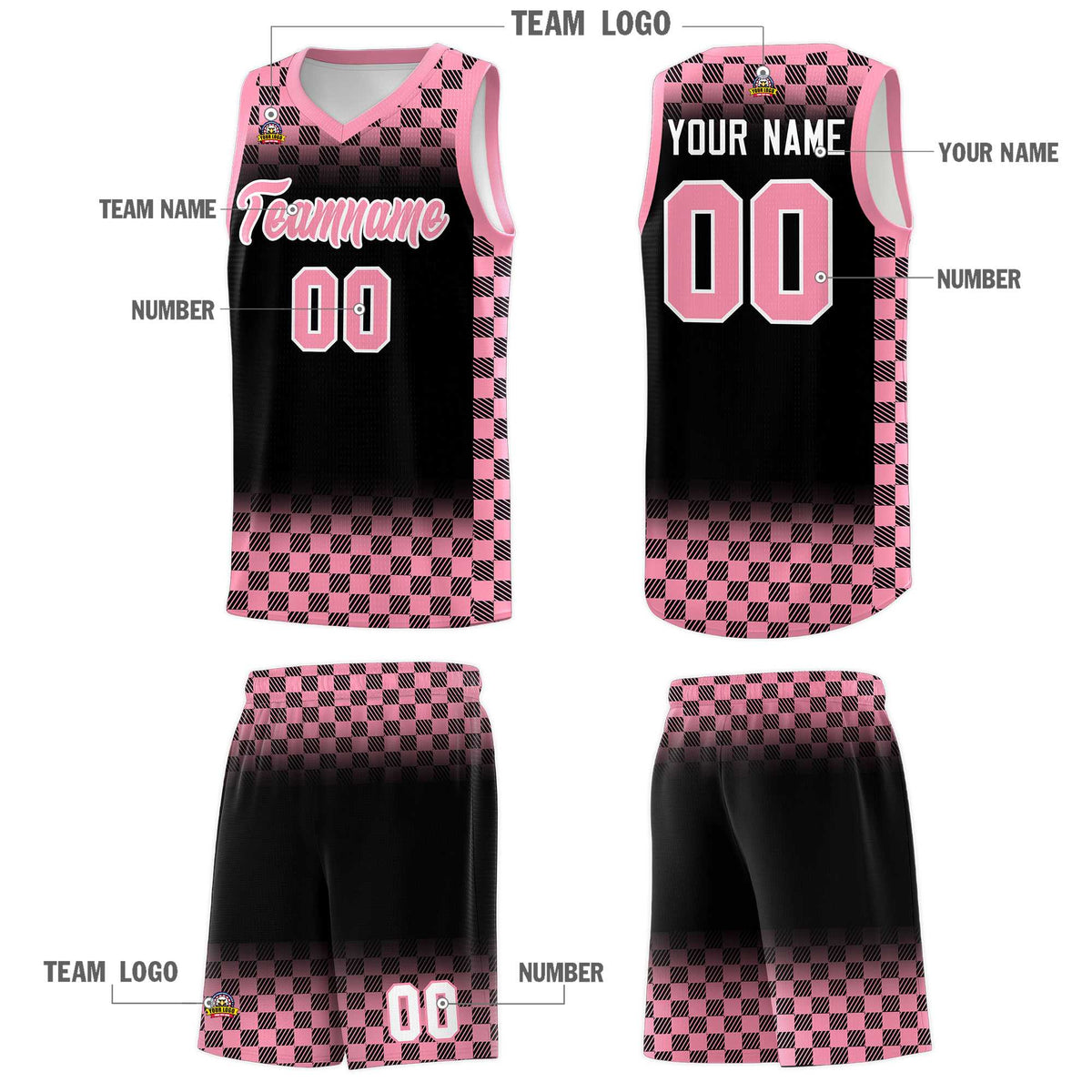 Custom Black Light Pink Classic Plaid Pattern Sports Uniform Basketball Jersey