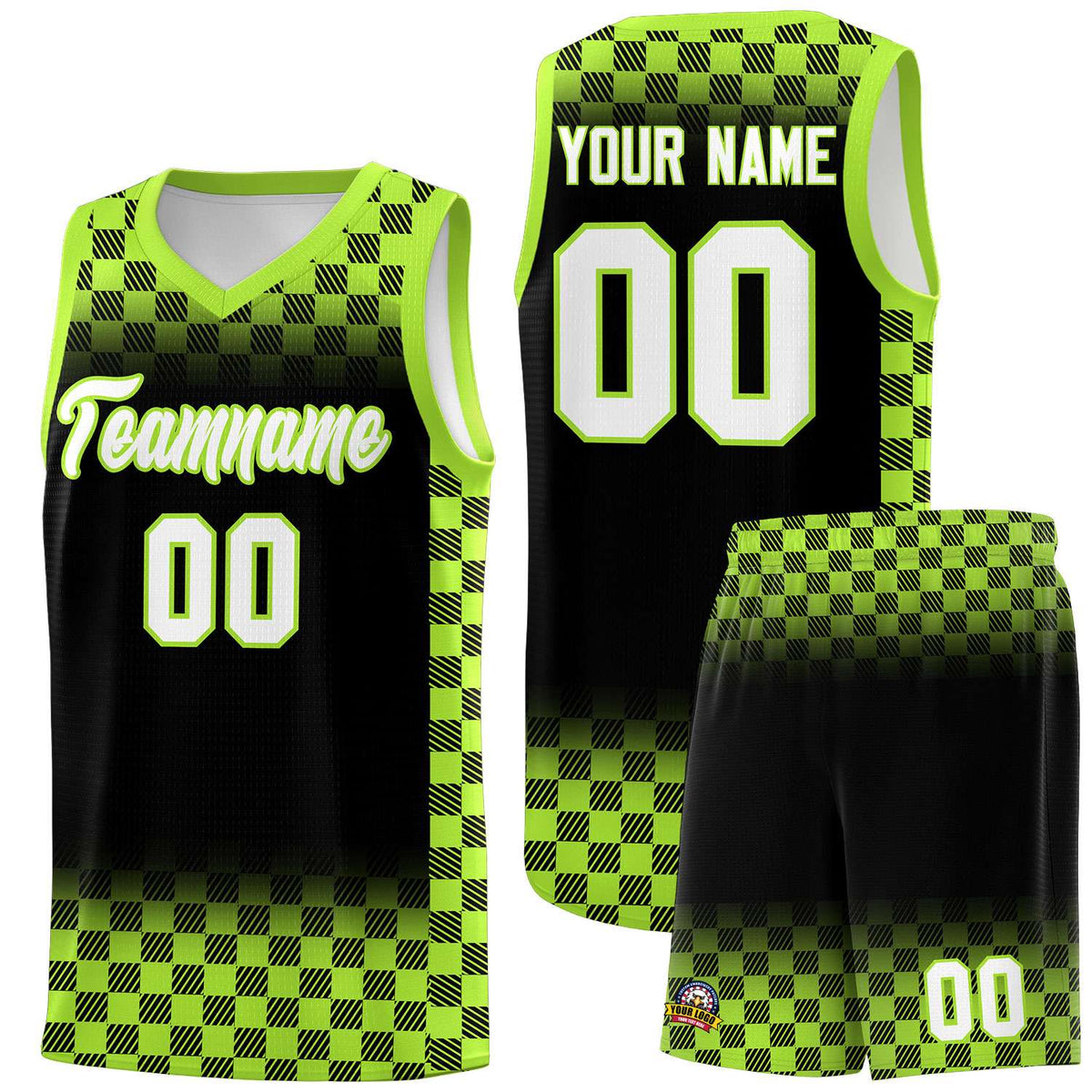 Custom Black Neon Green Classic Plaid Pattern Sports Uniform Basketball Jersey