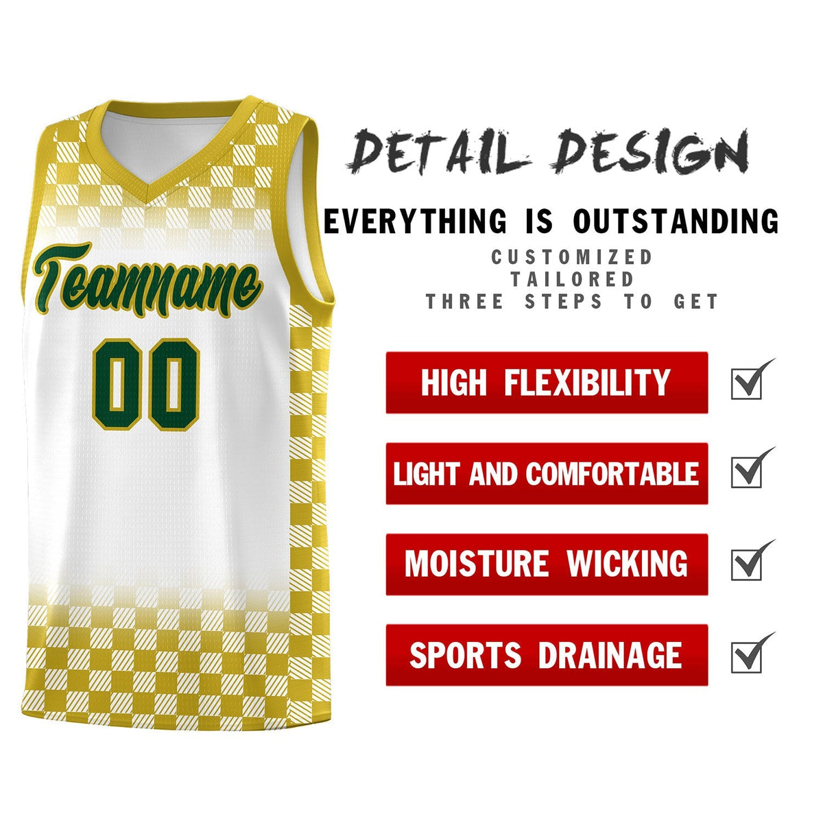 Custom White Old Gold Classic Plaid Pattern Sports Uniform Basketball Jersey