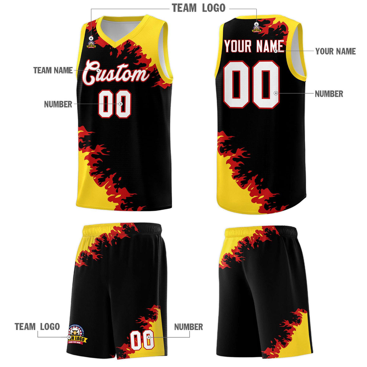 Custom Black Gold-Red Sparkle Print Pattern Basketball Kits