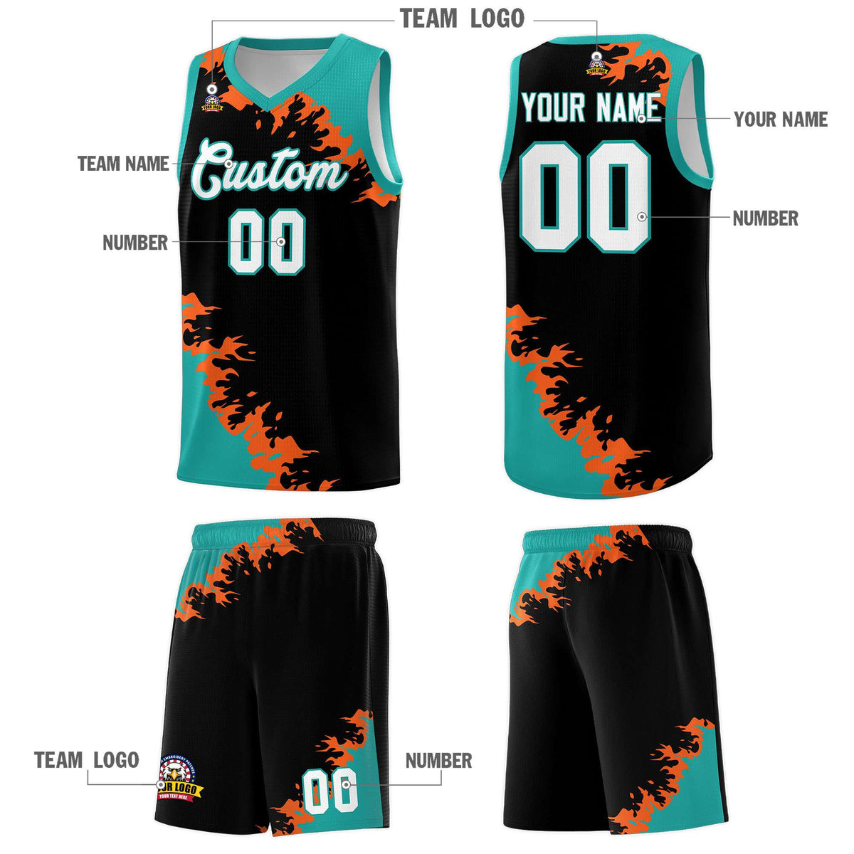 Custom Black Aqua-Orange Sparkle Print Pattern Basketball Kits