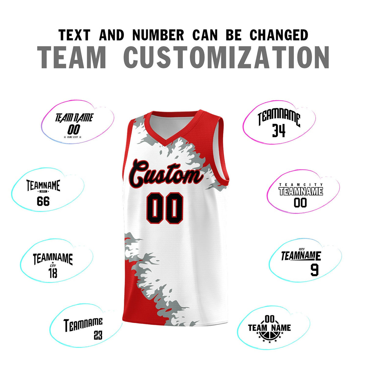 Custom White Red-Silver Gray Sparkle Print Pattern Basketball Kits