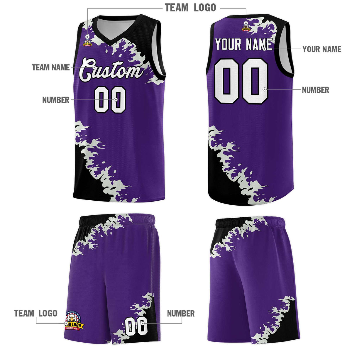 Custom Purple Black-Gray Sparkle Print Pattern Basketball Kits