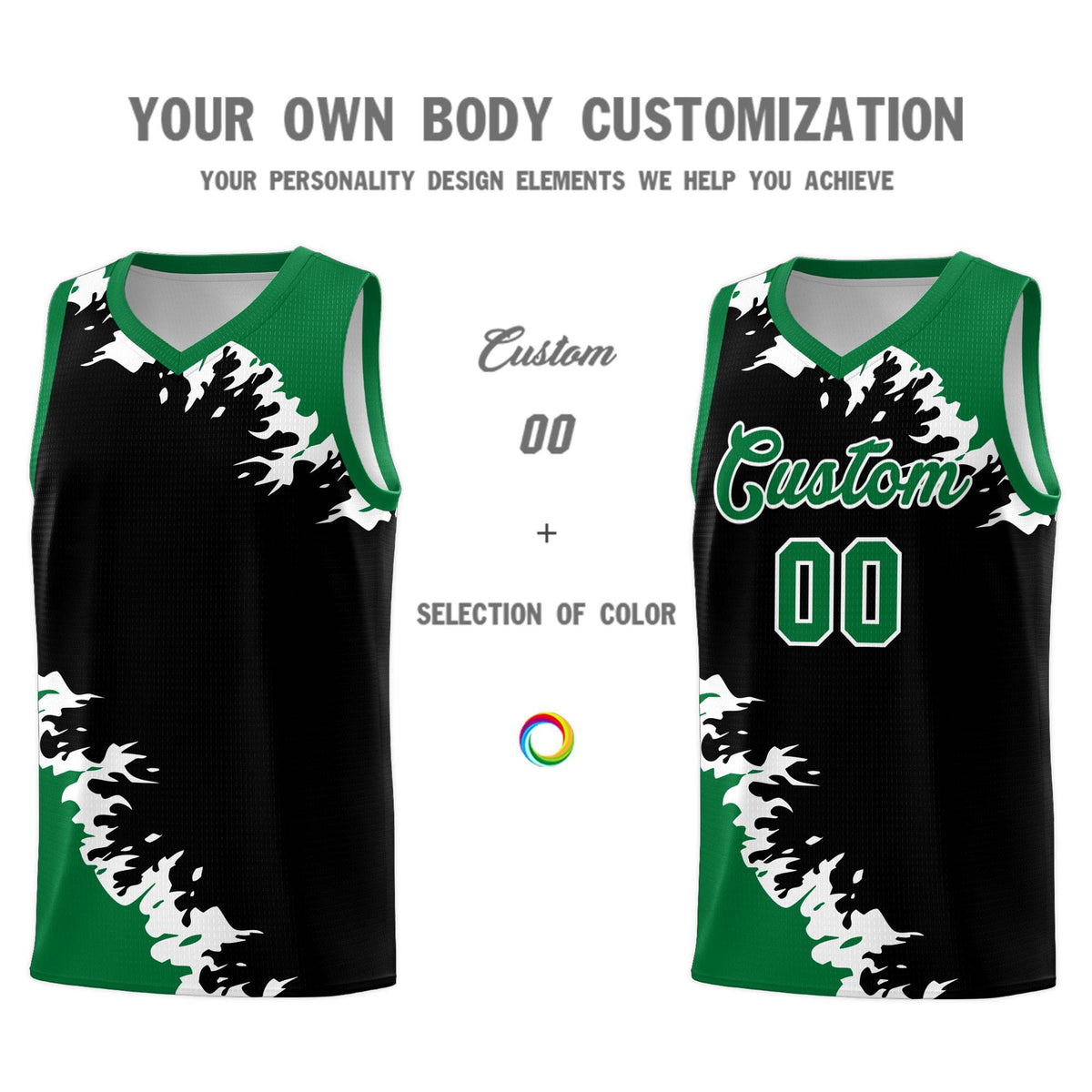 Custom Black Kelly Green-White Sparkle Print Pattern Basketball Kits