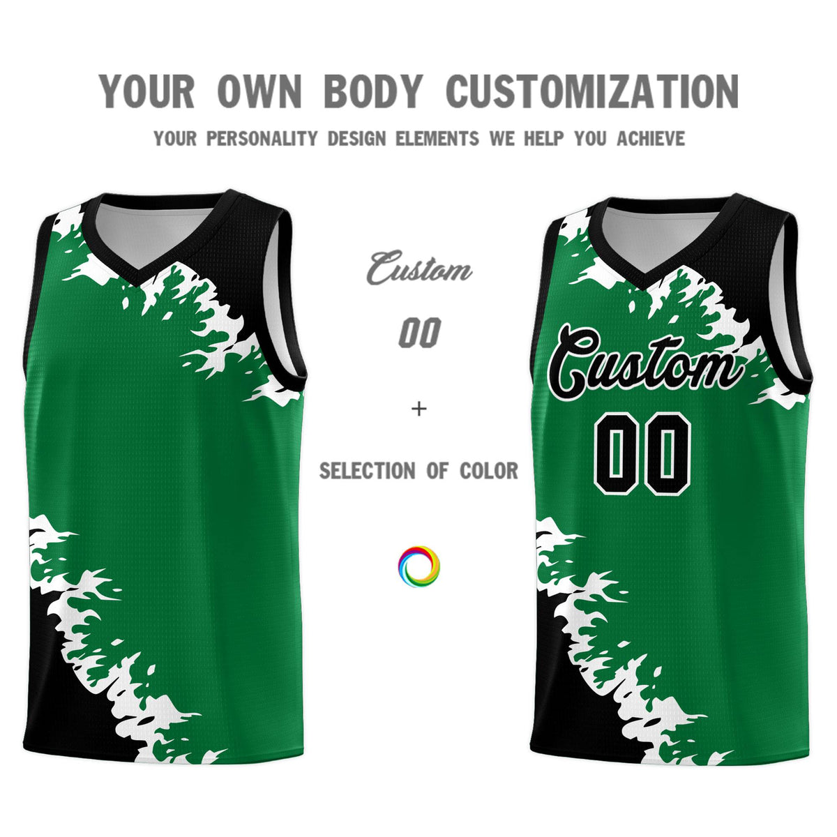 Custom Kelly Green Black-White Sparkle Print Pattern Basketball Kits
