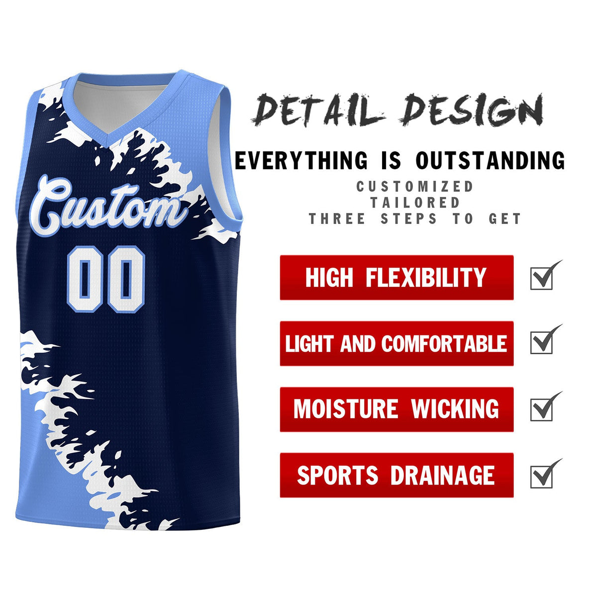 Custom Navy Light Blue-White Sparkle Print Pattern Basketball Kits
