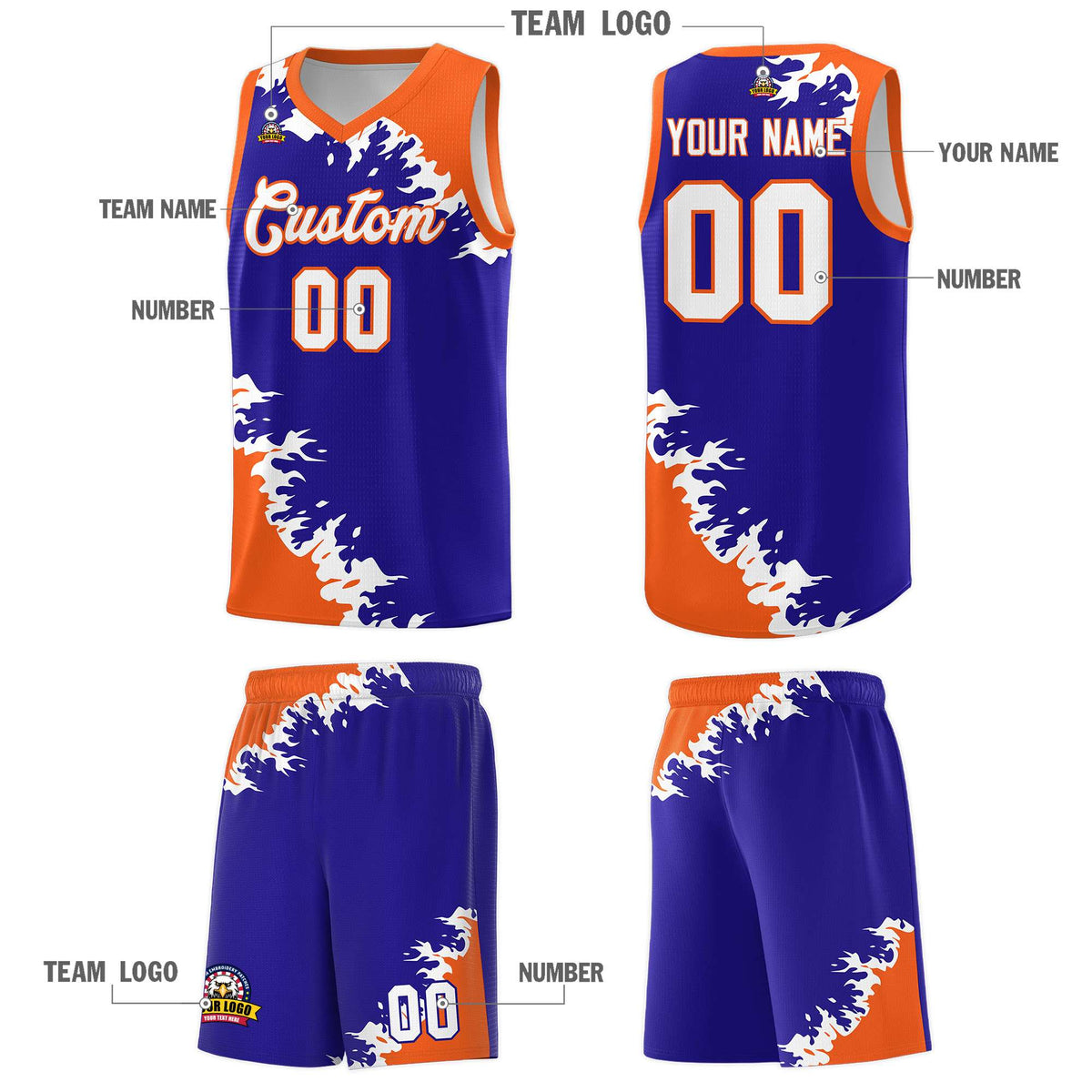 Custom Royal Orange-White Sparkle Print Pattern Basketball Kits