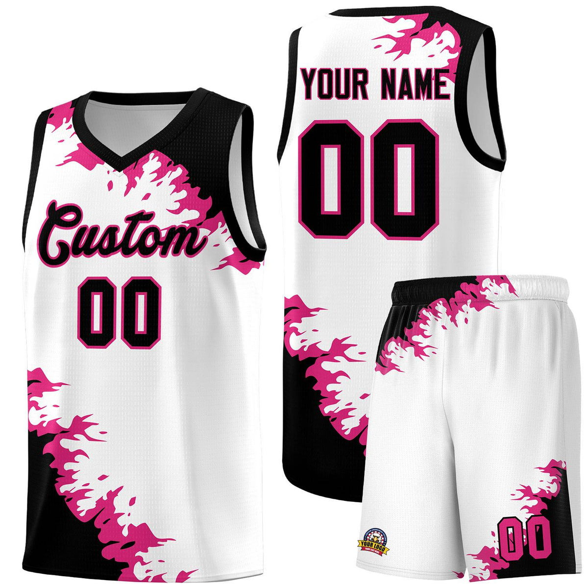 Custom White Black-Rose Red Sparkle Print Pattern Basketball Kits
