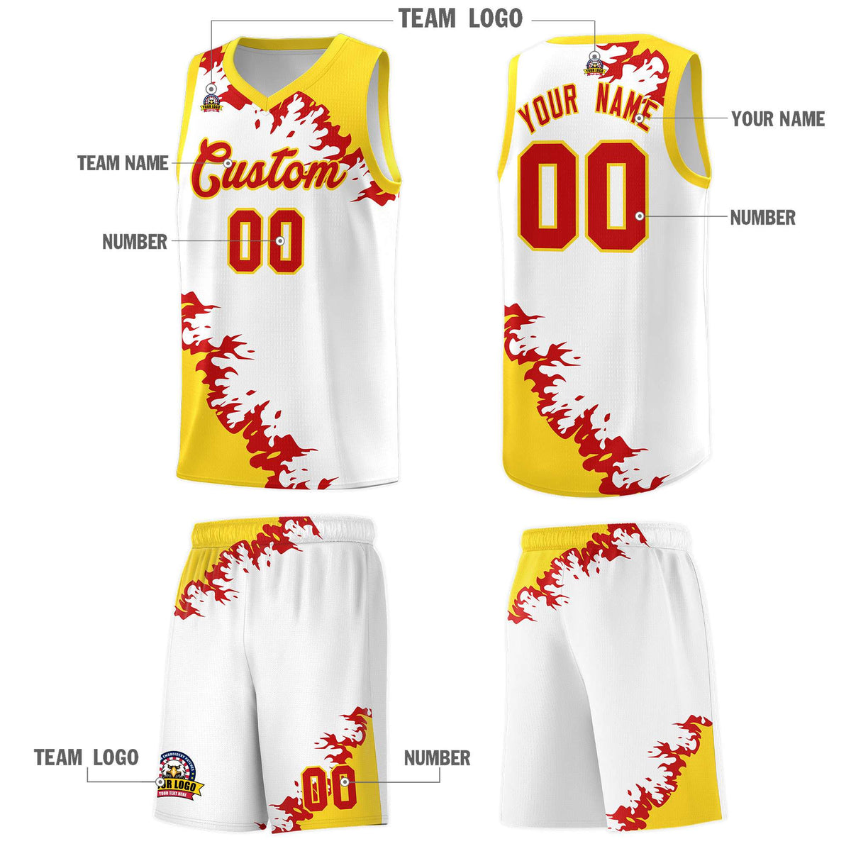 Custom White Gold-Red Sparkle Print Pattern Basketball Kits