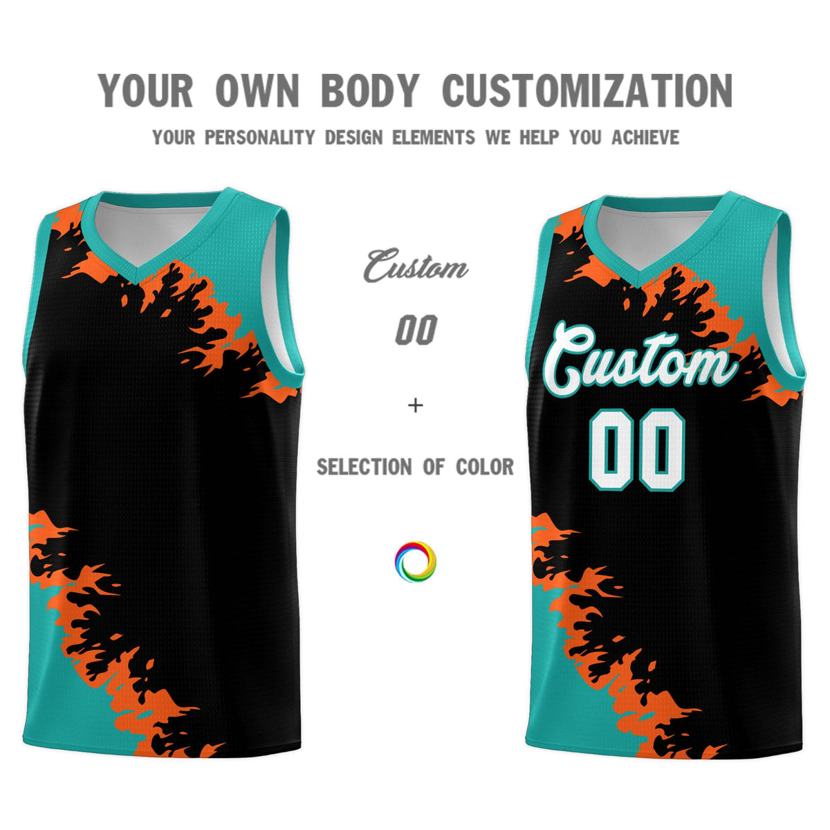 Custom Black Aqua-Orange Sparkle Print Pattern Basketball Kits
