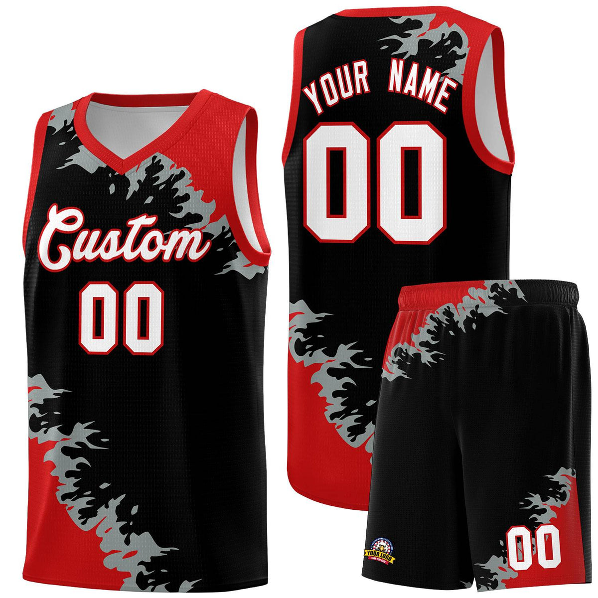 Custom Black Red-Silver Gray Sparkle Print Pattern Basketball Kits