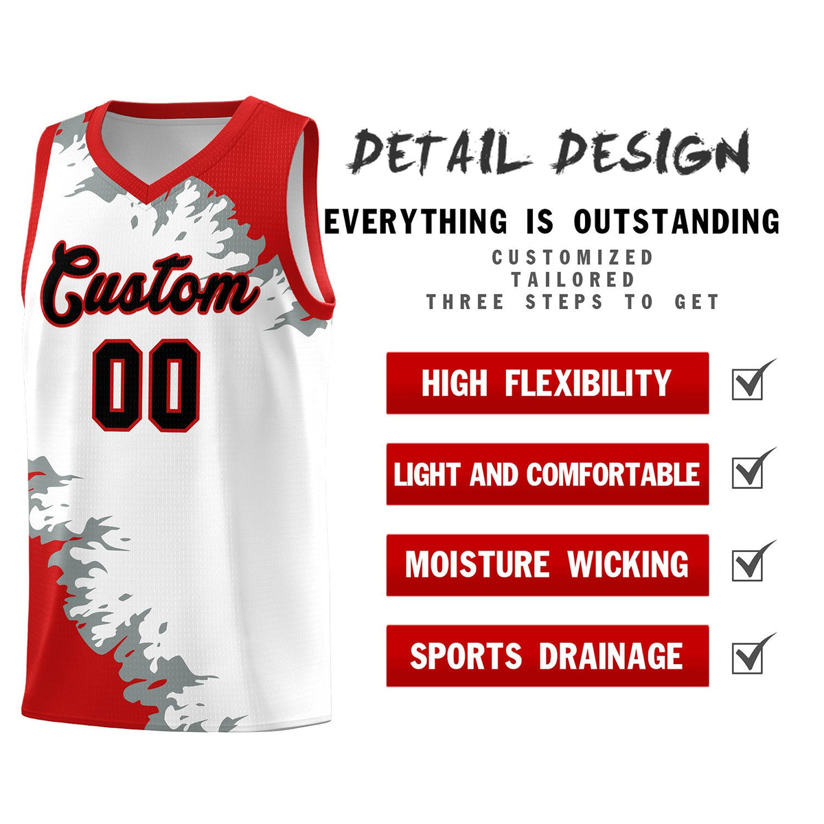 Custom White Red-Silver Gray Sparkle Print Pattern Basketball Kits