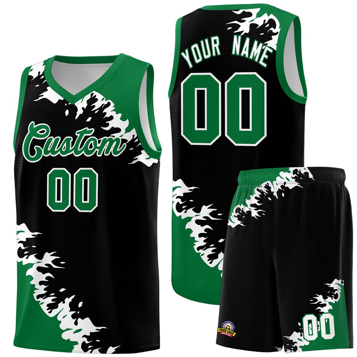 Custom Black Kelly Green-White Sparkle Print Pattern Basketball Kits