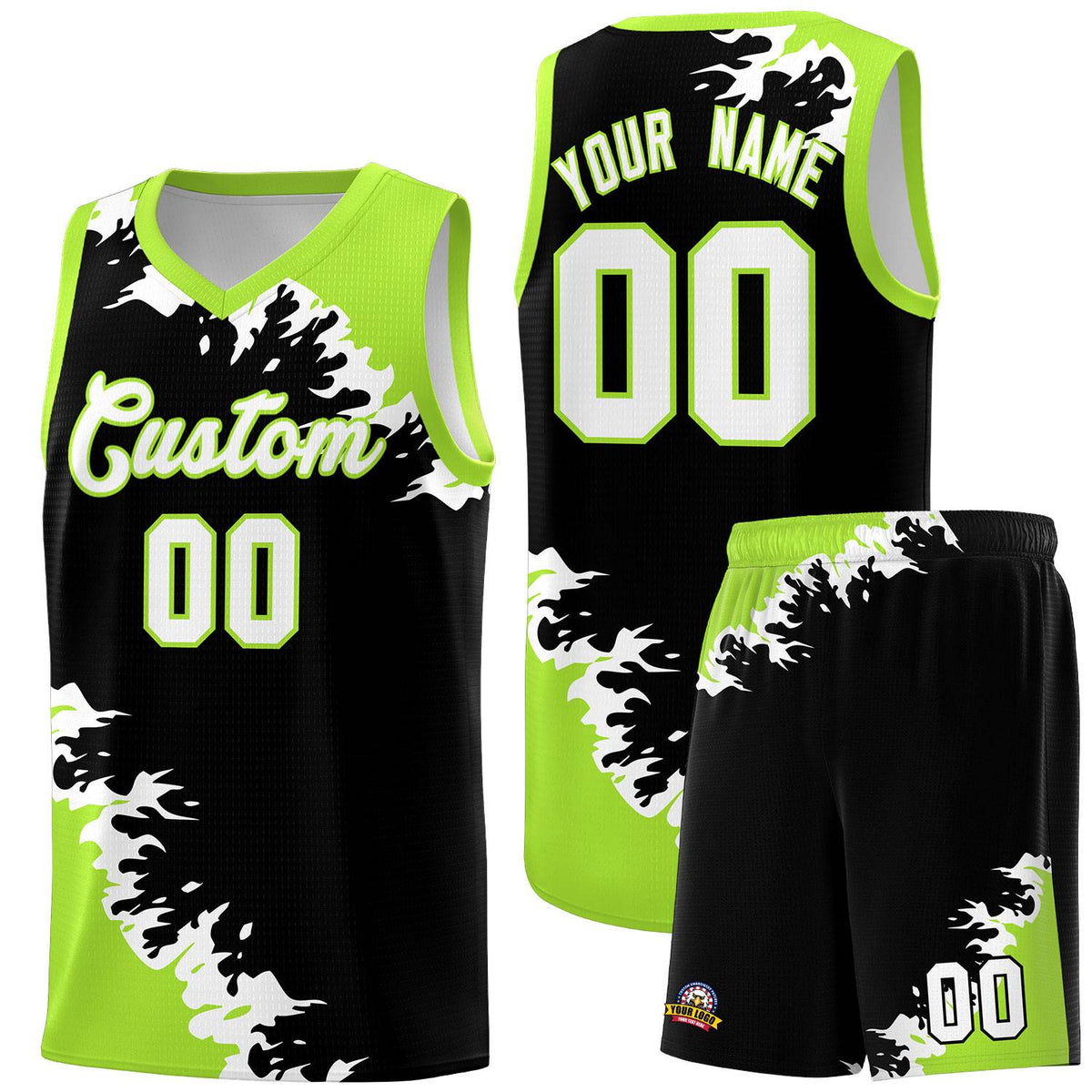 Custom Black Neon Green-White Sparkle Print Pattern Basketball Kits