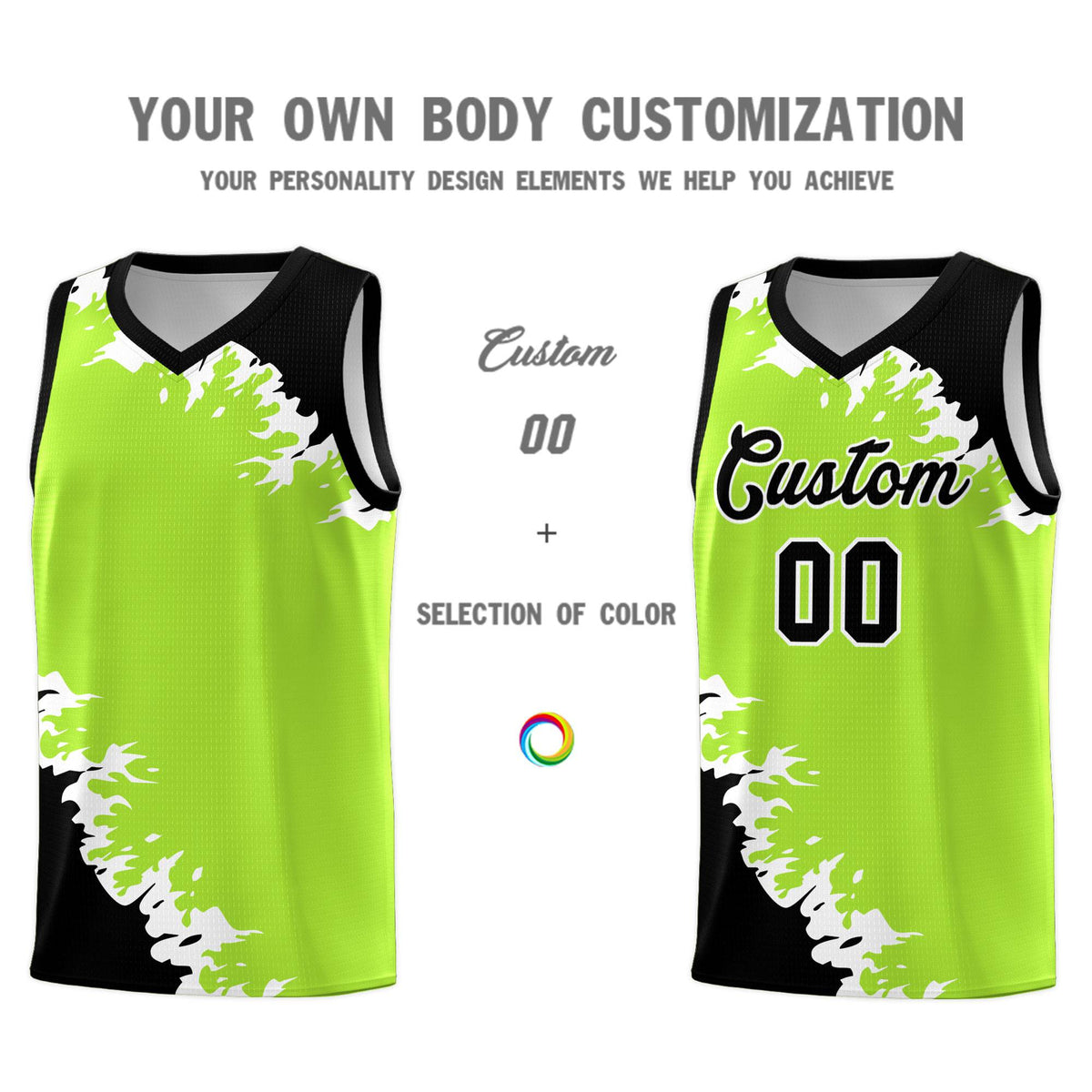 Custom Neon Green Black-White Sparkle Print Pattern Basketball Kits
