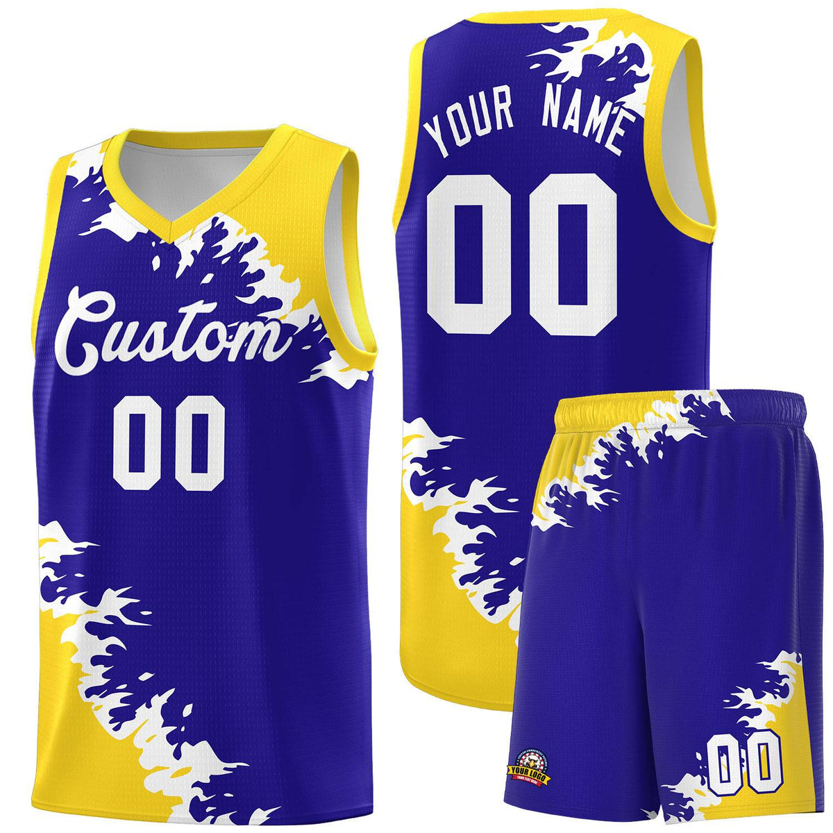 Custom Royal Gold-White Sparkle Print Pattern Basketball Kits