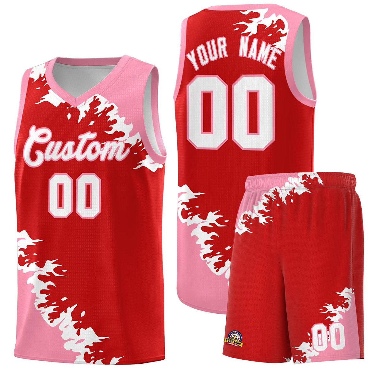Custom Red Light Pink-White Sparkle Print Pattern Basketball Kits