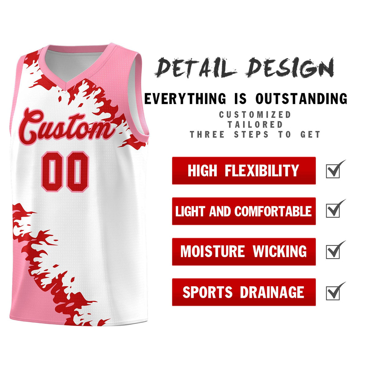 Custom White Light Pink-Red Sparkle Print Pattern Basketball Kits