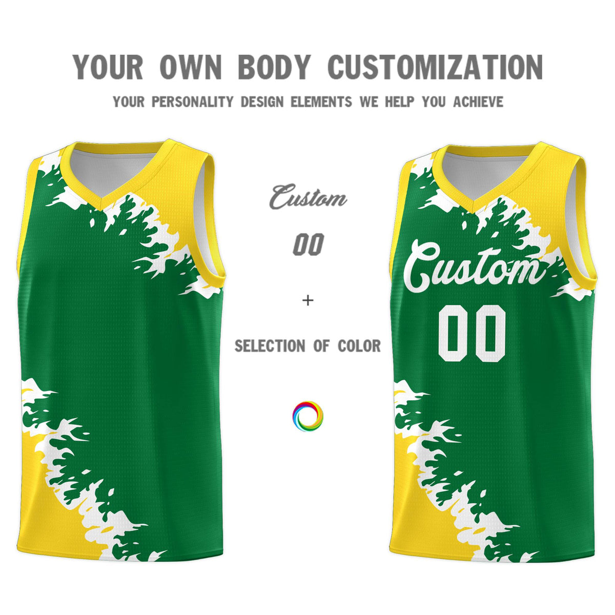 Custom Kelly Green Gold-White Sparkle Print Pattern Basketball Kits