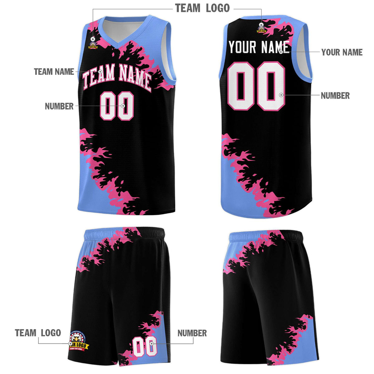 Custom Black Light Blue-Pink Sparkle Print Pattern Basketball Kits