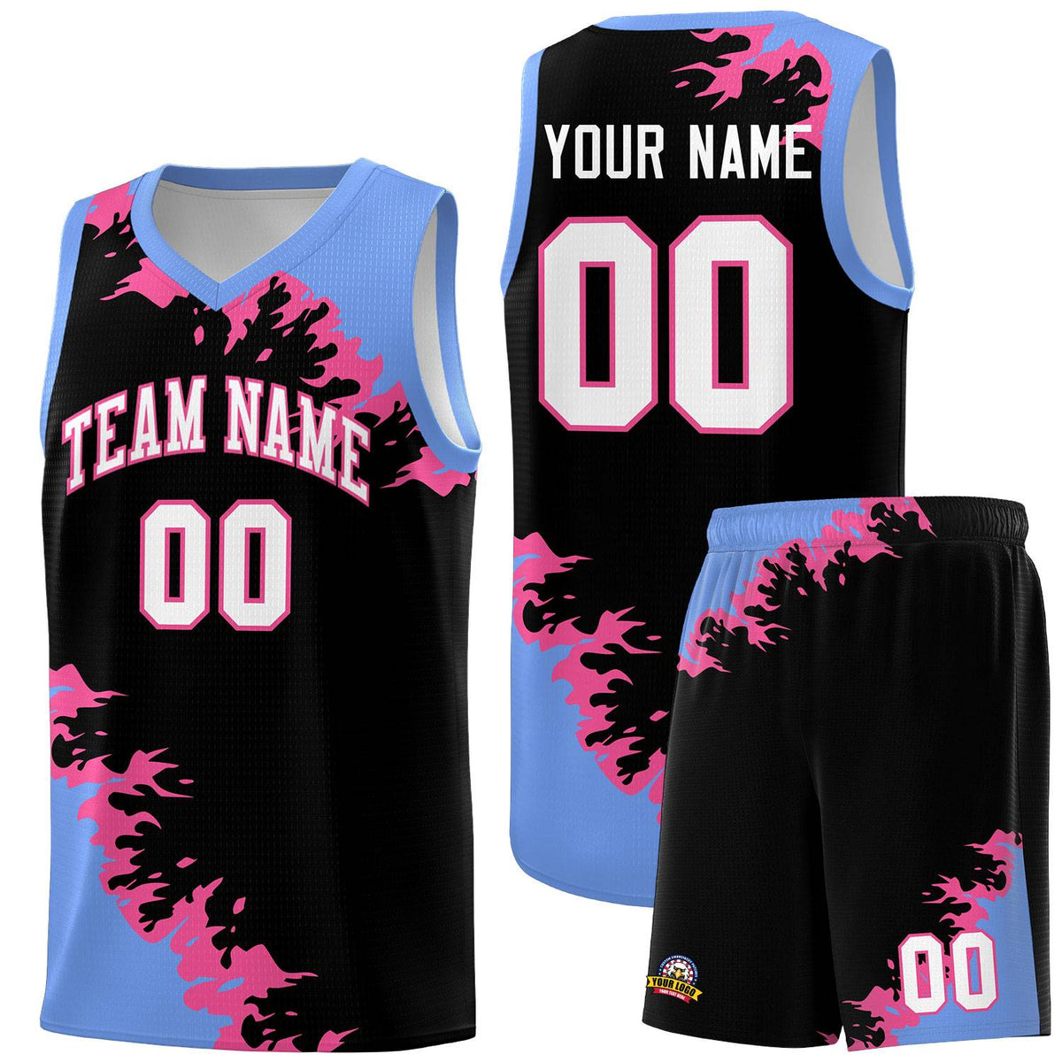 Custom Black Light Blue-Pink Sparkle Print Pattern Basketball Kits