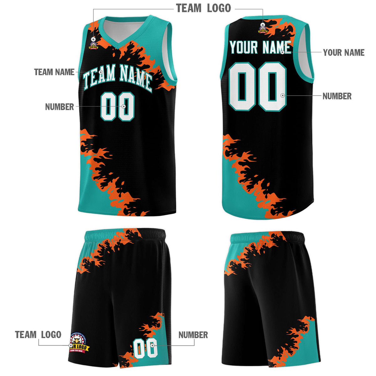 Custom Black Aqua-Orange Sparkle Print Pattern Basketball Kits