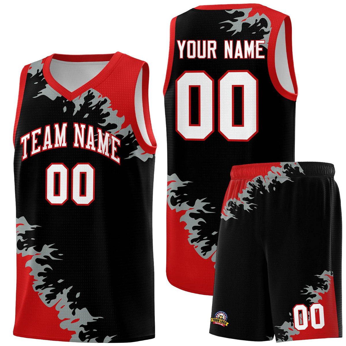 Custom Black Red-Silver Gray Sparkle Print Pattern Basketball Kits