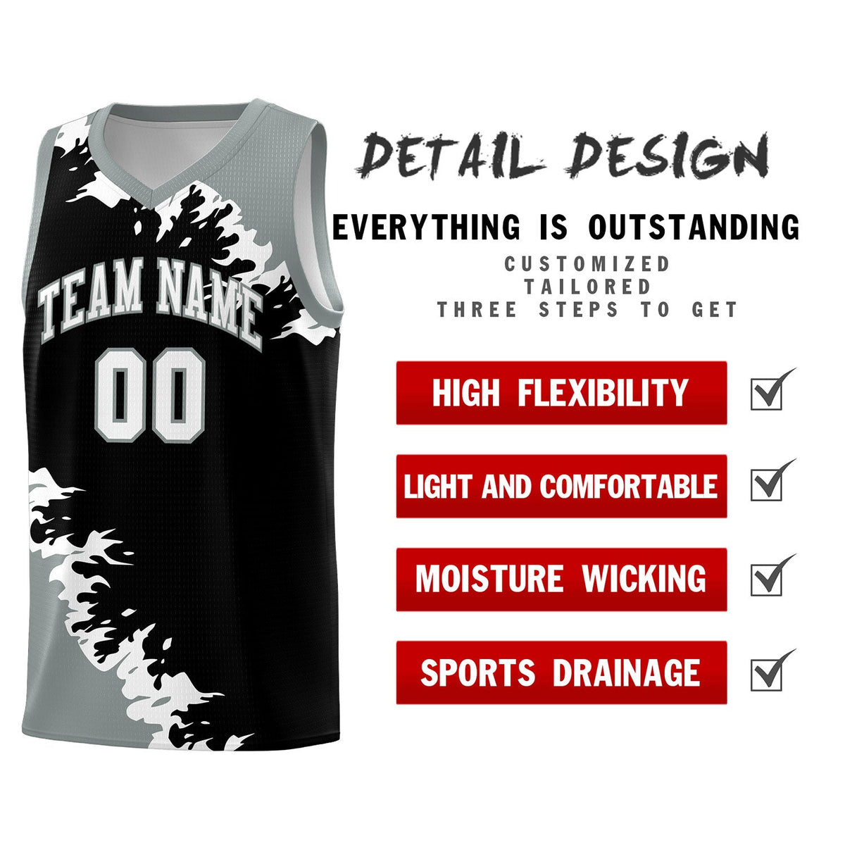 Custom Black Gray-White Sparkle Print Pattern Basketball Kits