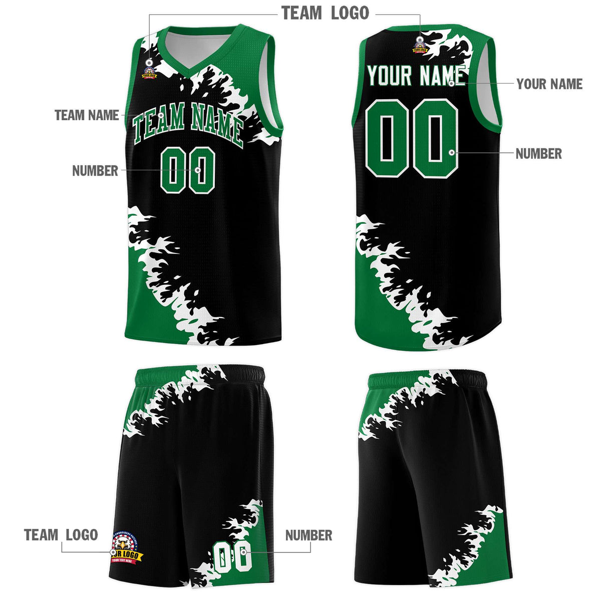 Custom Black Kelly Green-White Sparkle Print Pattern Basketball Kits